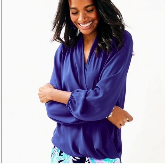 Lilly Pulitzer Size S Myah Long Sleeve Wrap Blouse Royal Purple Draped Relaxed - Picture 1 of 13